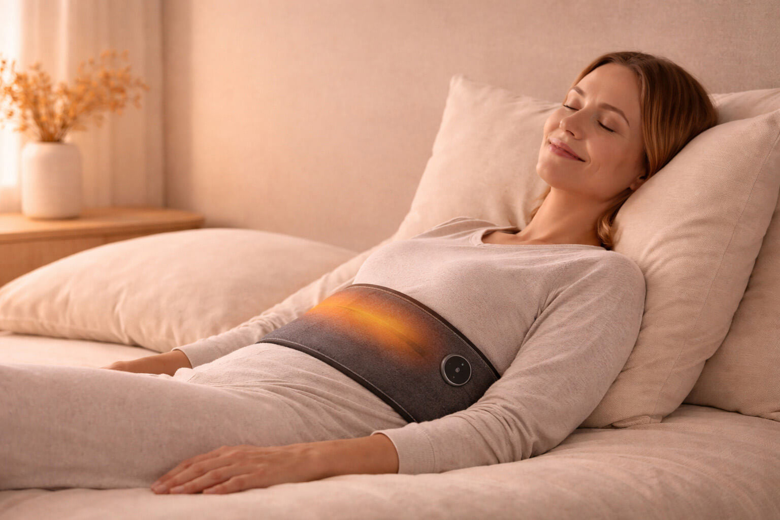 Woman relaxing in bed wearing EvoLif wireless heated vibration belt before sleep for cordless comfort.