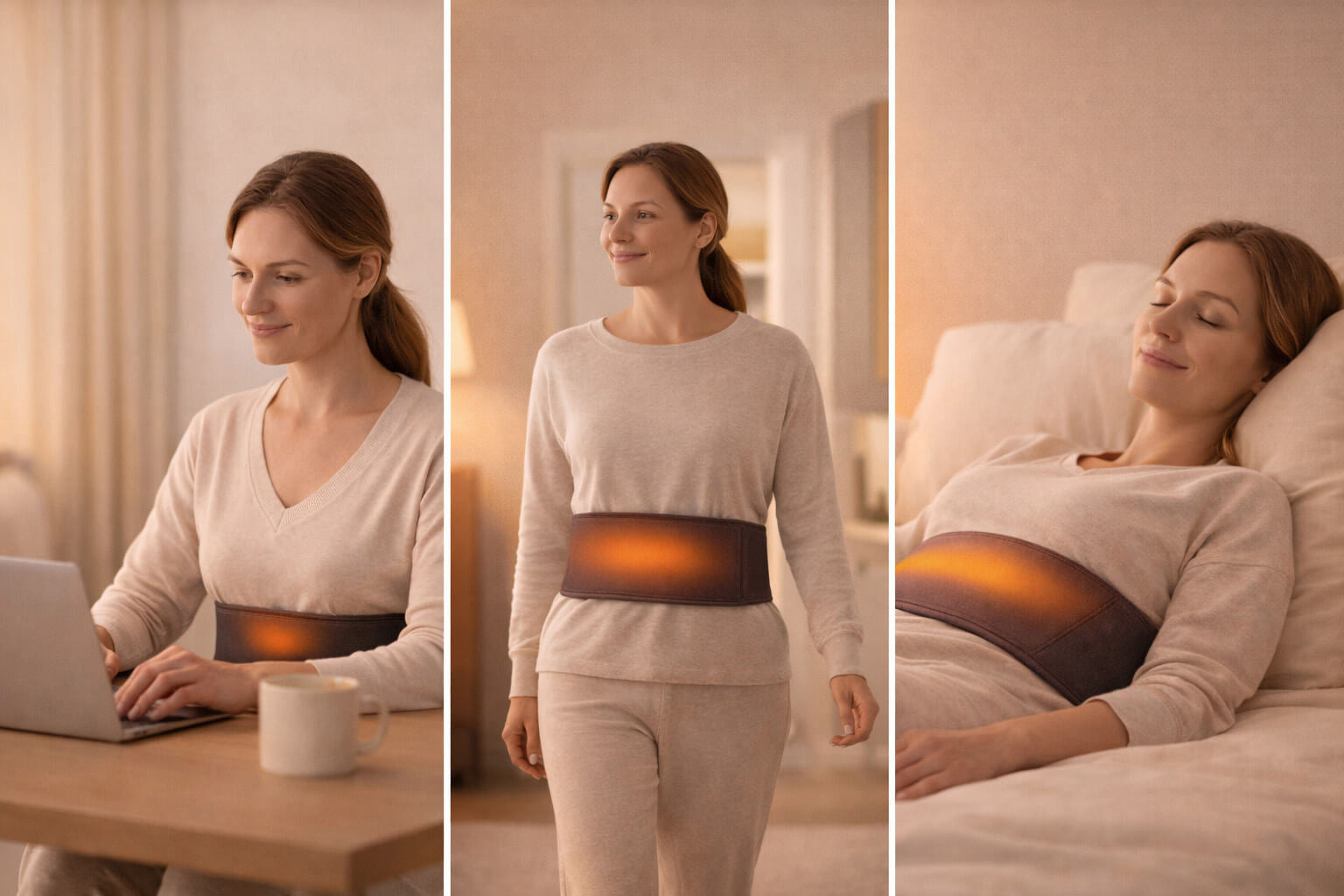 Woman wearing EvoLif wireless heated vibration belt while working at a desk for wearable comfort.