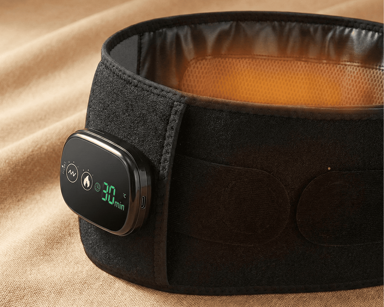 EvoLif belt settings showing 5 heat levels and 3 vibration intensities for adjustable comfort.