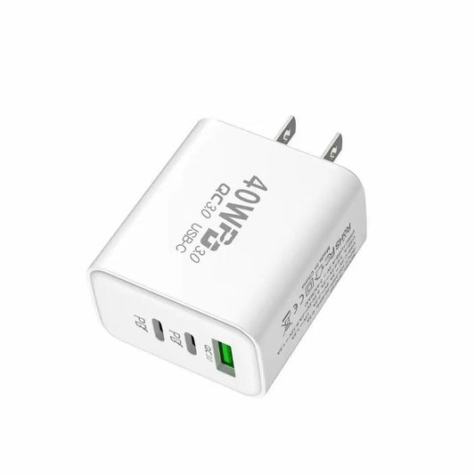 White power adapter with multiple ports on a white background