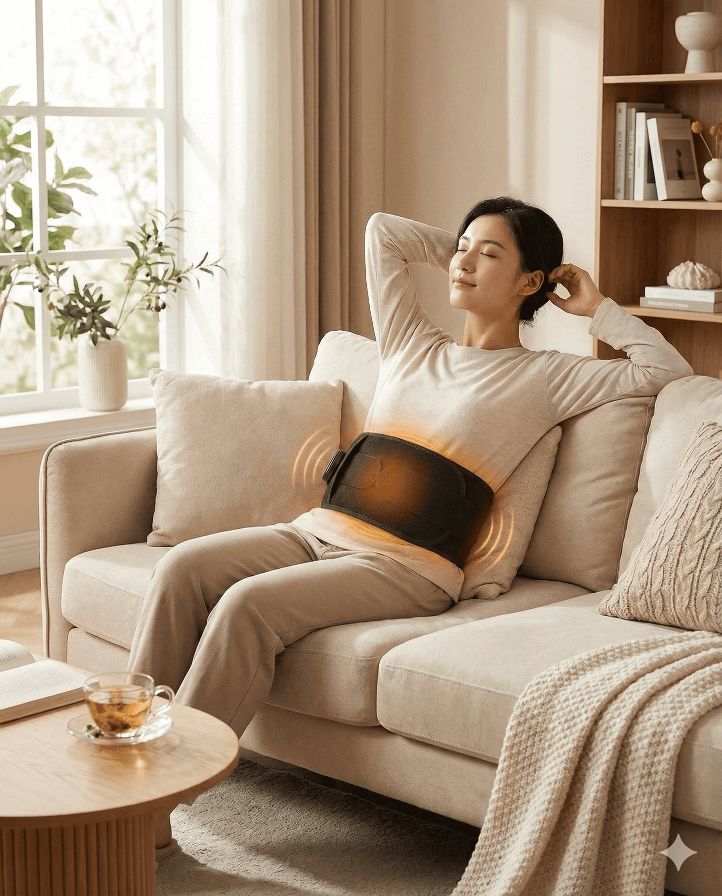 Woman relaxing on a couch wearing EvoLif wireless heated vibration belt for cordless heat, vibration massage, and built-in support.
