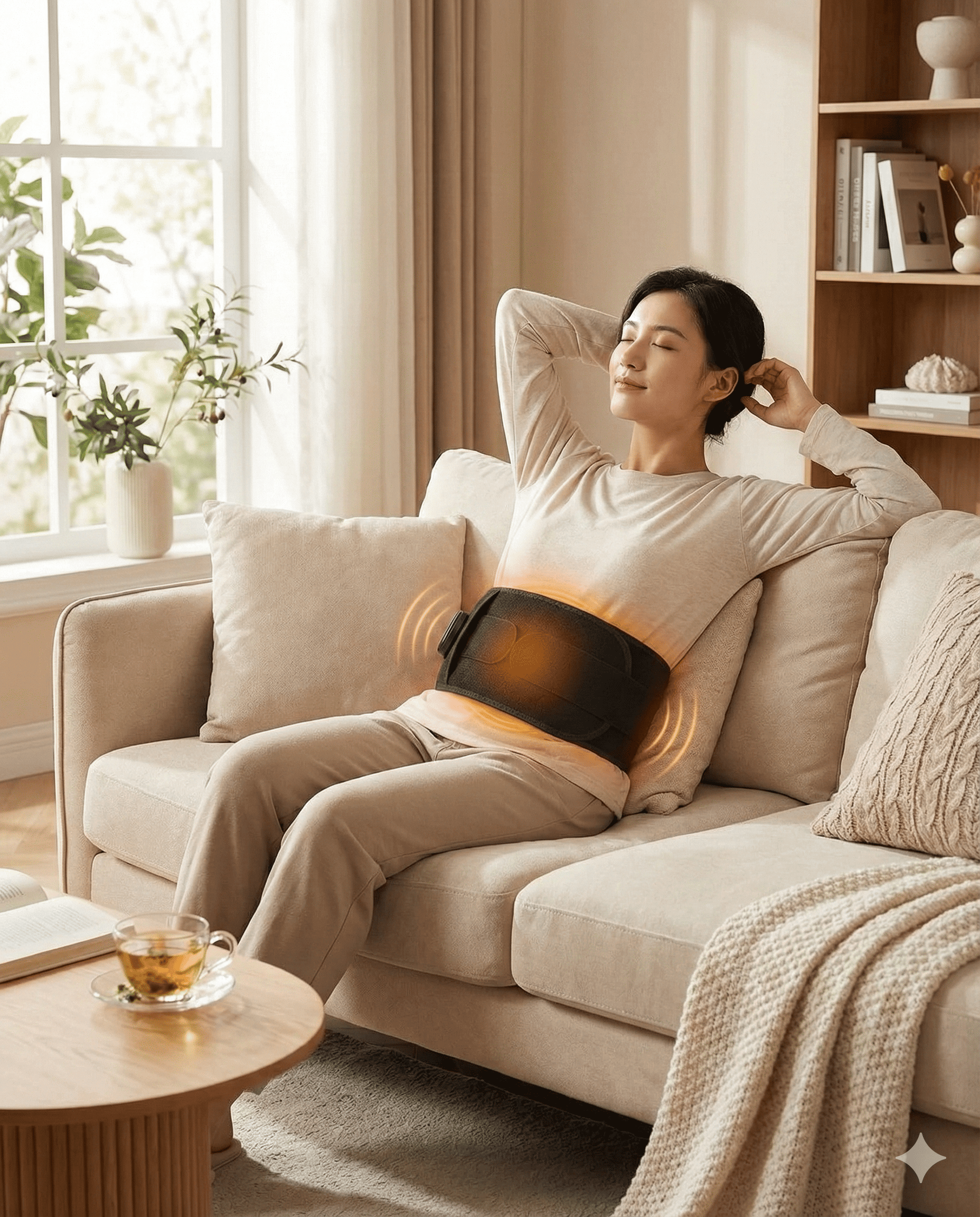 Woman relaxing on a couch wearing EvoLif wireless heated vibration belt for cordless heat, vibration massage, and built-in support.