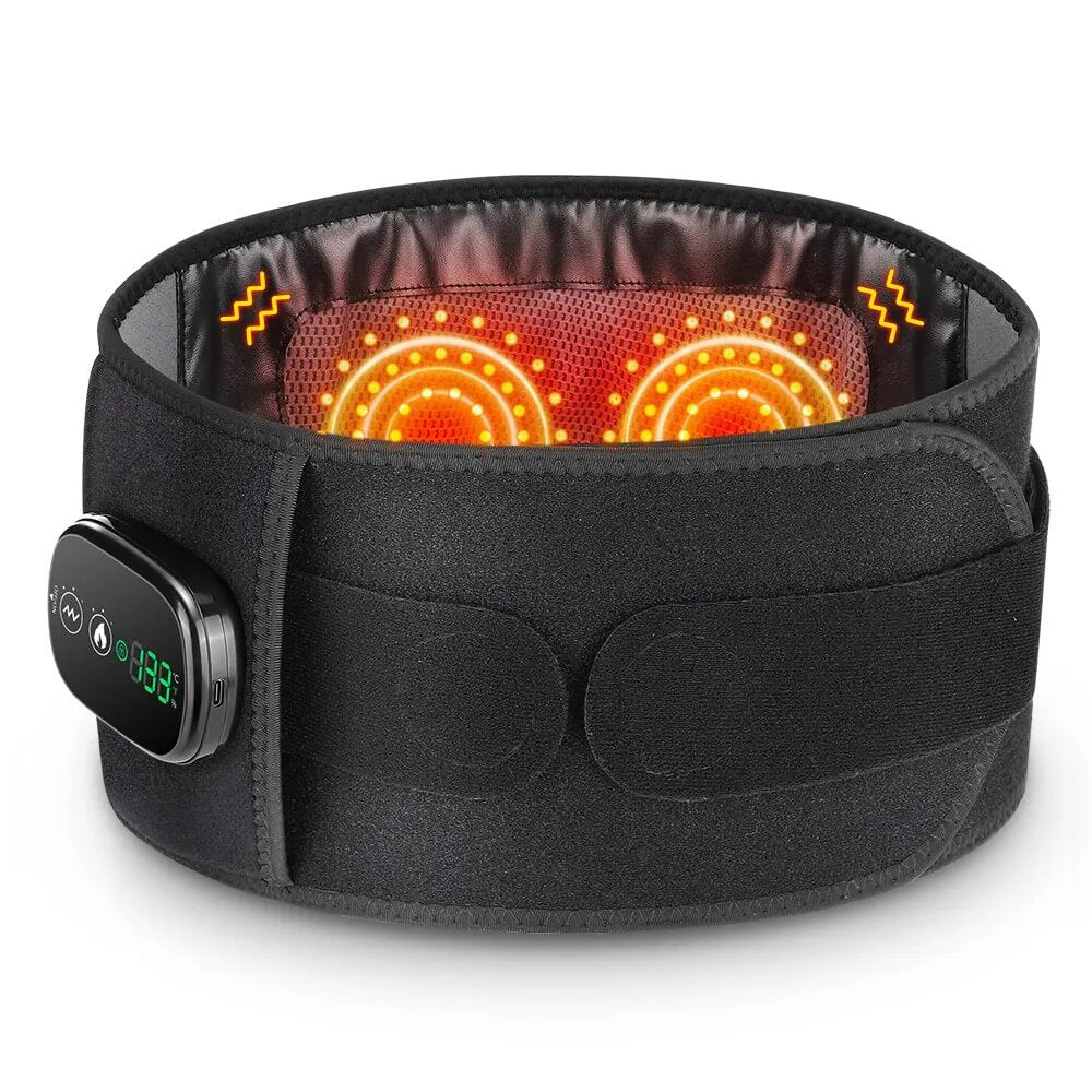 Close-up of EvoLif wireless heated vibration belt with control module for cordless heat, vibration massage, and built-in support.
