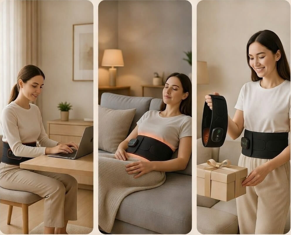 Checklist showing who the EvoLif wireless heated vibration belt is perfect for: sitting, driving, lifting, long shifts, and bedtime unwind.