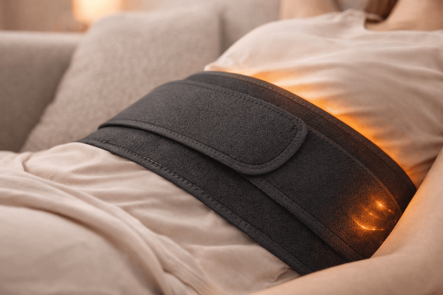 Lifestyle image showing the belt worn while relaxing, highlighting a supportive wrap feel with steady warmth and optional vibration.