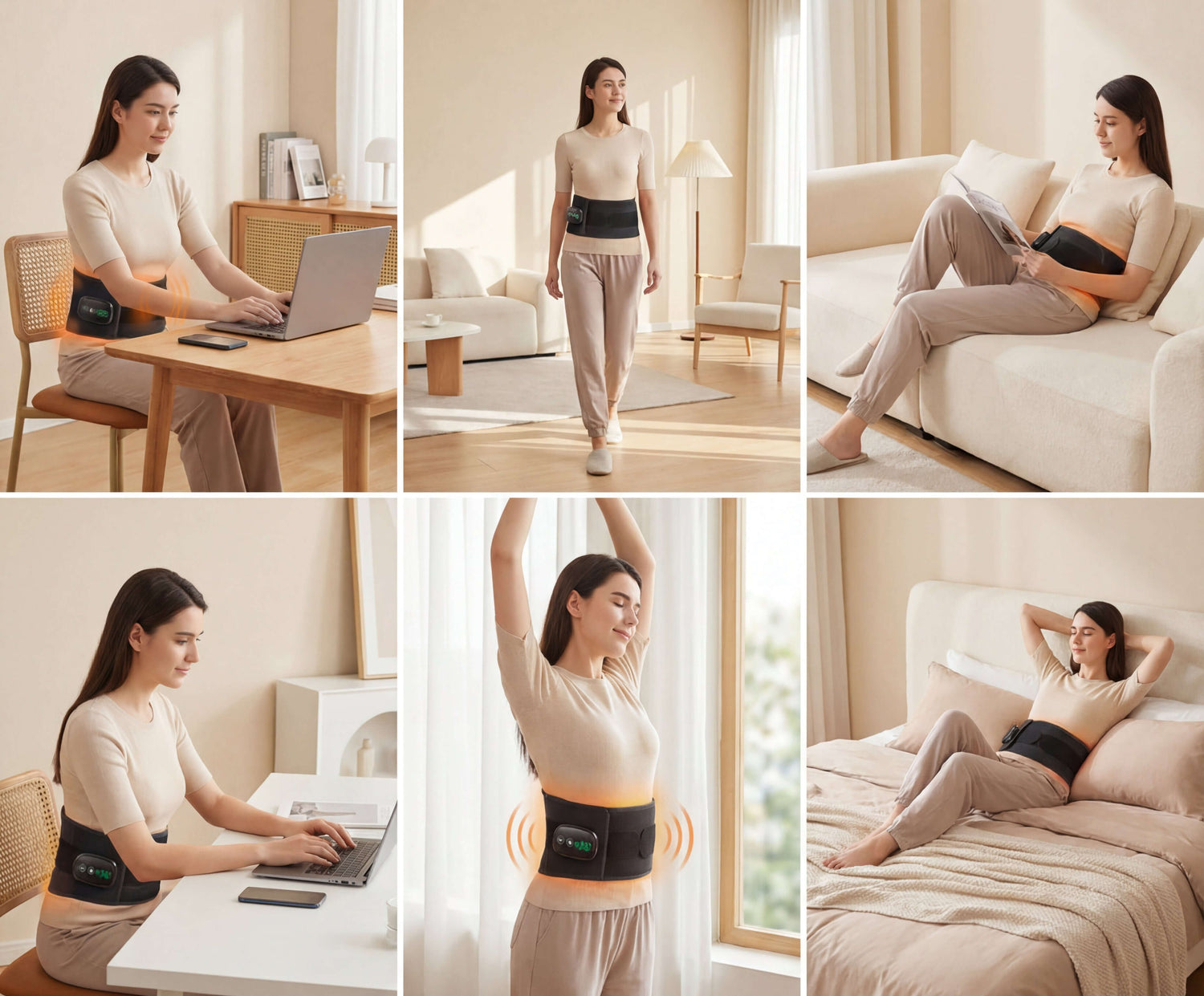 Heat + vibration + built-in support + cordless use shown as the comfort stack that makes the belt feel different.