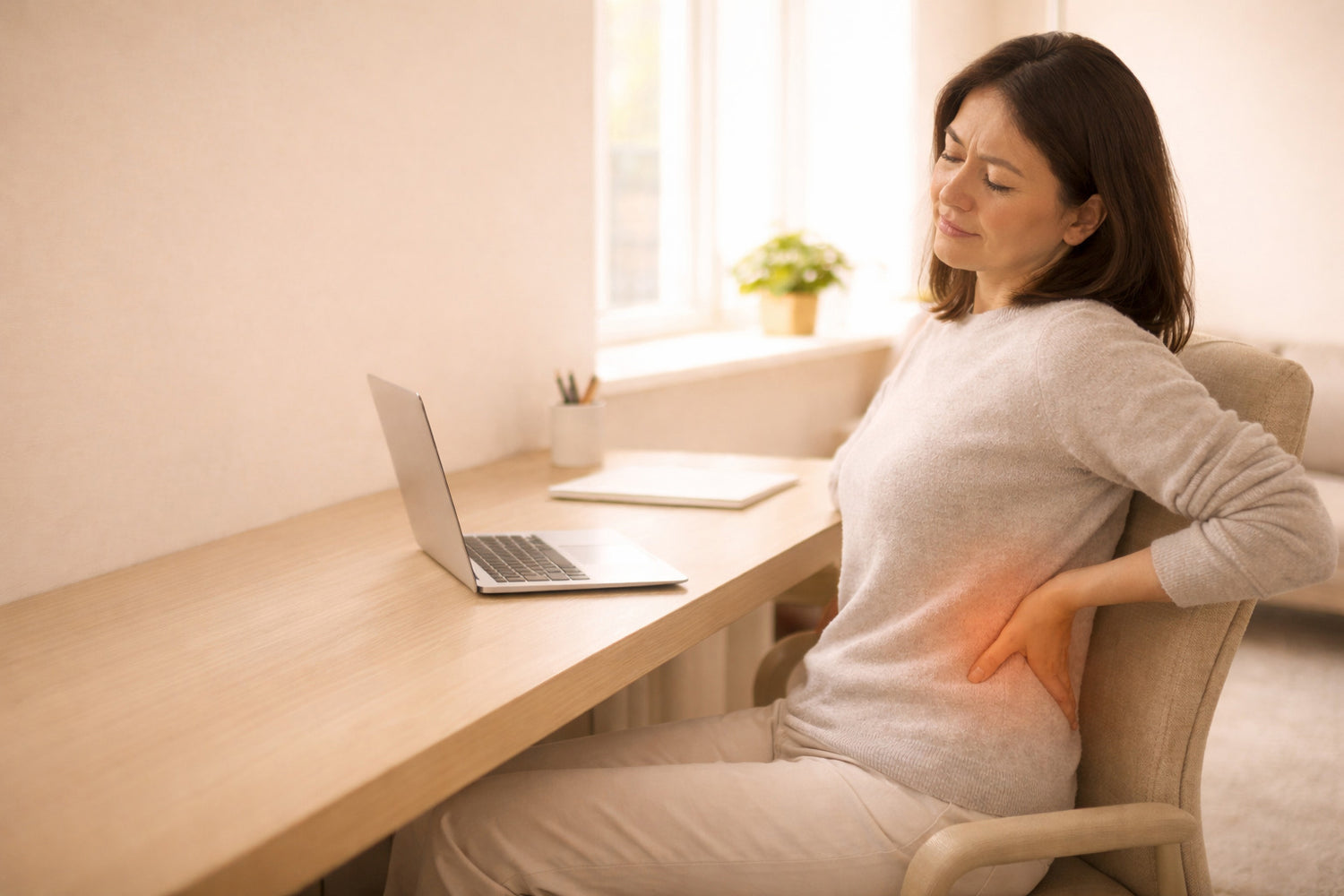 Graphic explaining why waist and lower-back tightness happens from sitting, driving, lifting, bending, and stress.